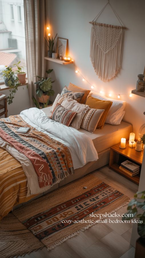 Photorealistic interior photography of a neutral palette cozy small bedroom haven in a compact apartment, soft natural morning light streaming through sheer white curtains. Walls painted in warm white with subtle texture. Upholstered low-profile bed dressed in layered bedding featuring crisp white sheets, cream duvet, and a soft taupe textured throw. Multiple neutral pillows in linen and knit fabrics for depth. Plush textured area rug in muted beige over light wood flooring. Minimal wooden nightstand styled with a ceramic lamp casting warm ambient light. Large round mirror mounted above a slim dresser reflecting natural light to visually expand the space. Simple decor with one small vase and dried stems. Shot on full-frame DSLR, 35mm lens, eye-level perspective, shallow depth of field, ultra-detailed fabric textures, soft shadows, balanced neutral color grading, Pinterest vertical 2:3 ratio, calm airy atmosphere, editorial home decor photography.
