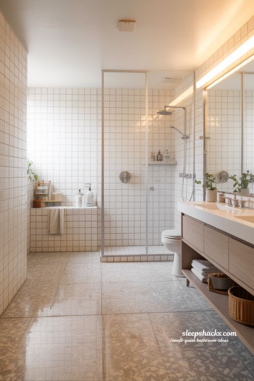 Keep Floors Light and Reflective in a Small Guest Bathroom