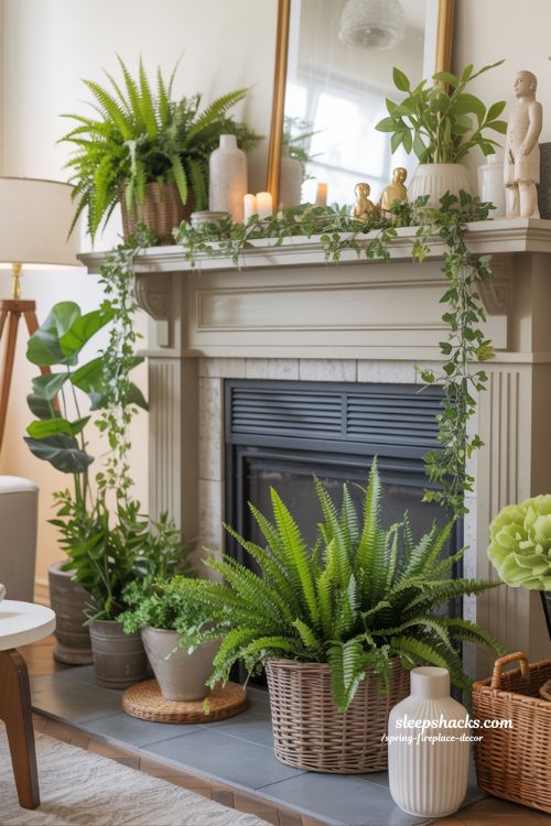 Layered Greenery with Ferns and Ivy on the Fireplace Mantel for Spring