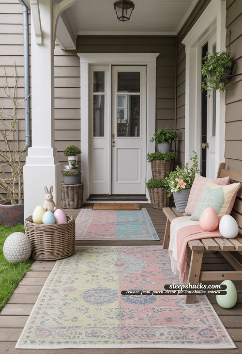 Layered Outdoor Rugs for Townhouse Front Porch Spring Decor