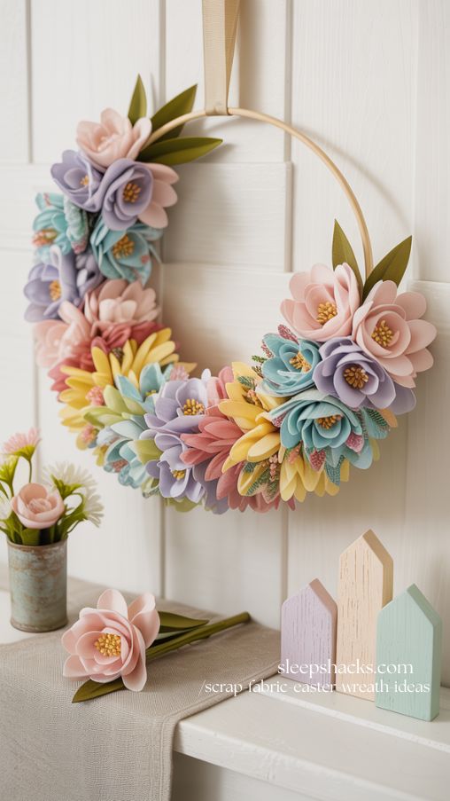Layered Pastel Fabric Flower Easter Wreath