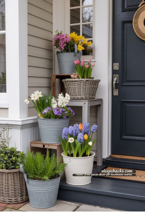Layered Planter Stacks for Townhouse Front Porch Spring Decor