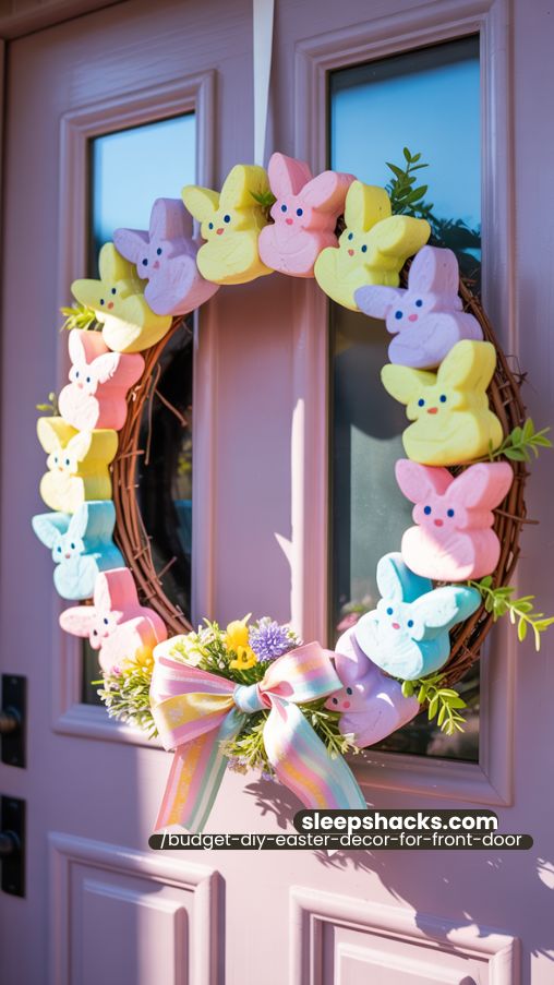 Marshmallow Peeps Easter Wreath for a Fun and Playful Spring Front Door