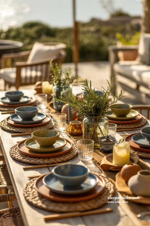 Mediterranean Inspired Patio Table Decor With Terracotta And Olive Branches
