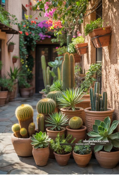 Mexican Patio Garden with Succulents Cacti and Terracotta Pots