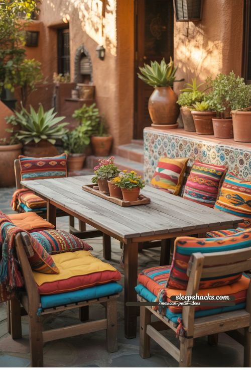 Mexican Patio Outdoor Dining with Bright Cushions and Rustic Table