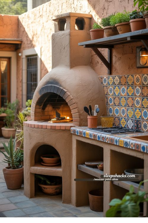 Mexican Patio Outdoor Kitchen with Clay Horno and Rustic Tiles