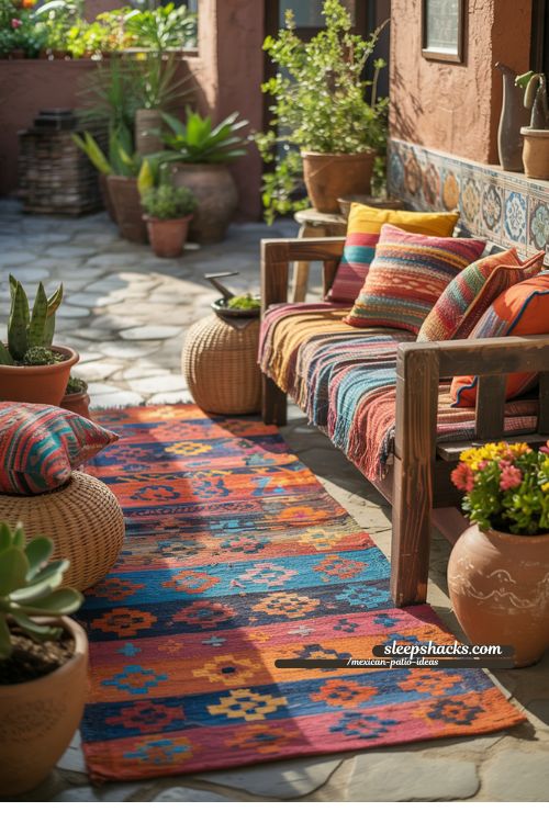 Mexican Patio with Bold Outdoor Rug and Layered Textiles