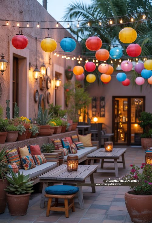Mexican Patio with Colorful Lanterns and String Lights
