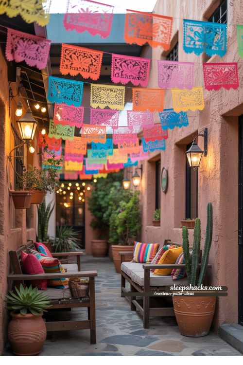 Mexican Patio with Colorful Papel Picado Banners and Lanterns