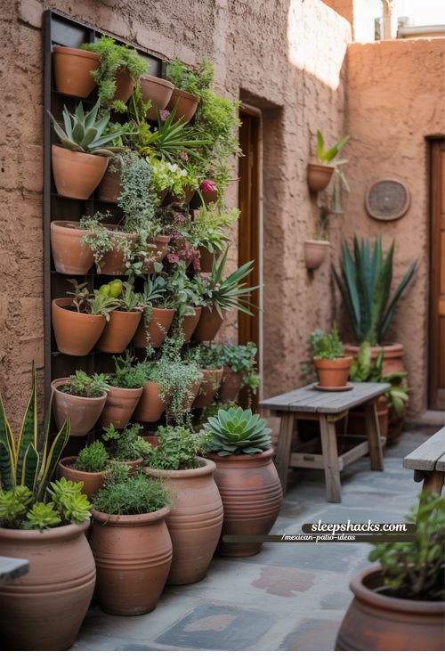 Mexican Patio with Layered Planters and Vertical Garden