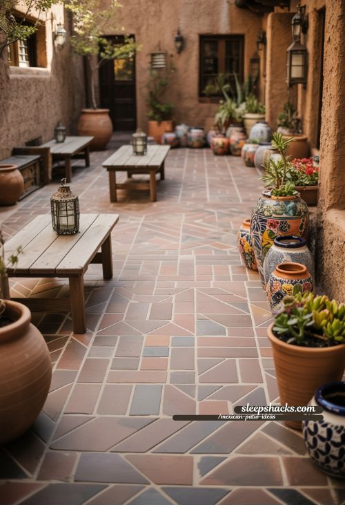 Mexican Patio with Terracotta Pavers and Patterned Flooring