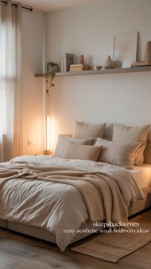 Minimalist Cozy Small Bedroom Makeover with Floating Shelves