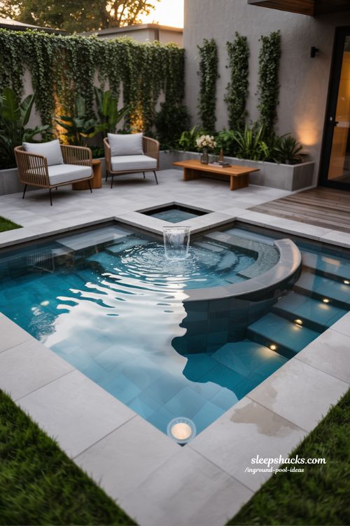Modern Backyard Spool Pool with Built In Benches and LED Lighting