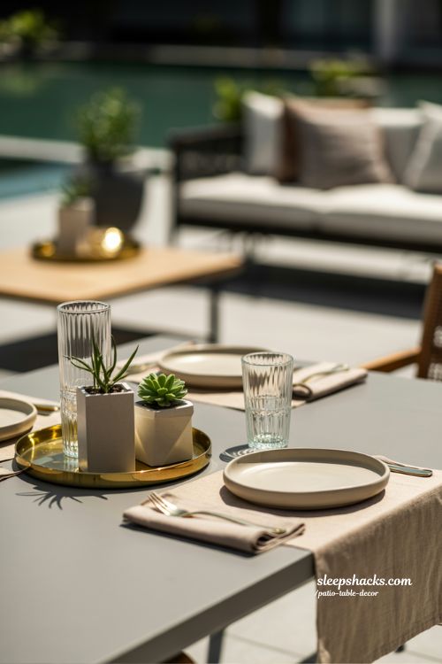 Modern Minimalist Patio Table Decor With Neutral Tones And Succulents
