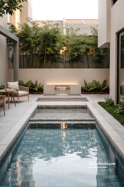 Modern Minimalist Small Backyard Pool with Clean Lines and Built In Seating