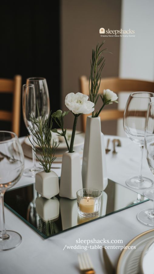 Modern Minimalist White and Sage Wedding Table Centerpieces