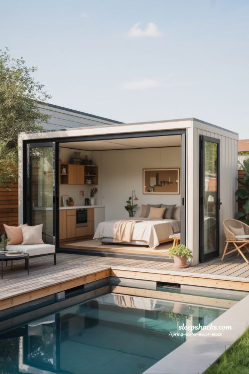 Modern Prefab Pool House Guest Suite with Deck