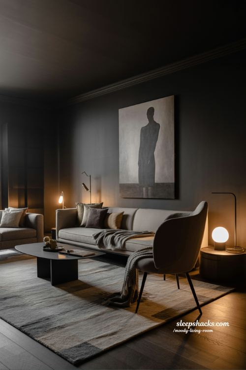 Moody Minimalist Dark Walls Simple Lines Living Room