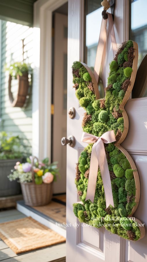 Moss Covered Bunny Door Hanger for Natural Easter Front Door Decor