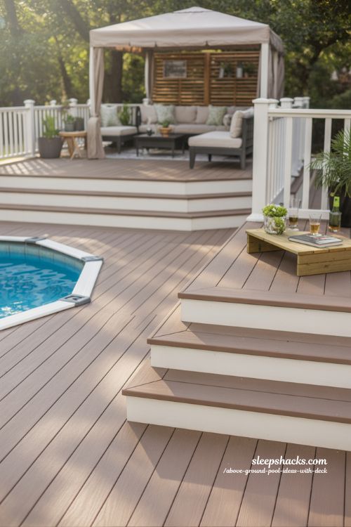 Multi-Level Deck With Shaded Lounge Above Ground Pool Ideas