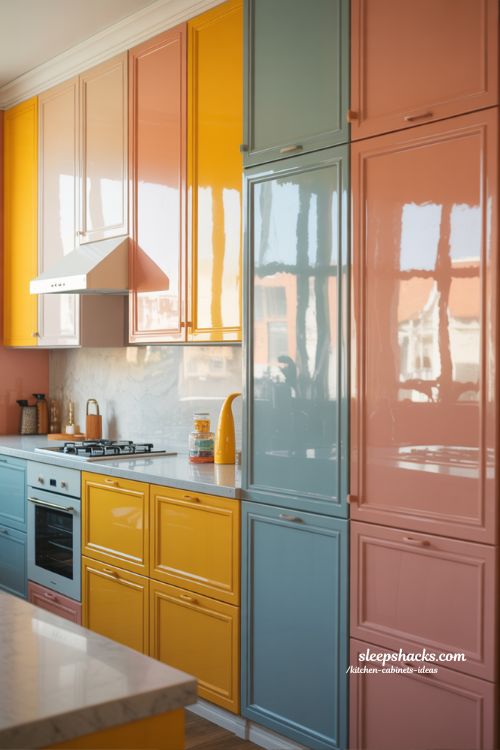 High-Gloss Colorful Kitchen Cabinets Ideas for a Cheerful Modern Look