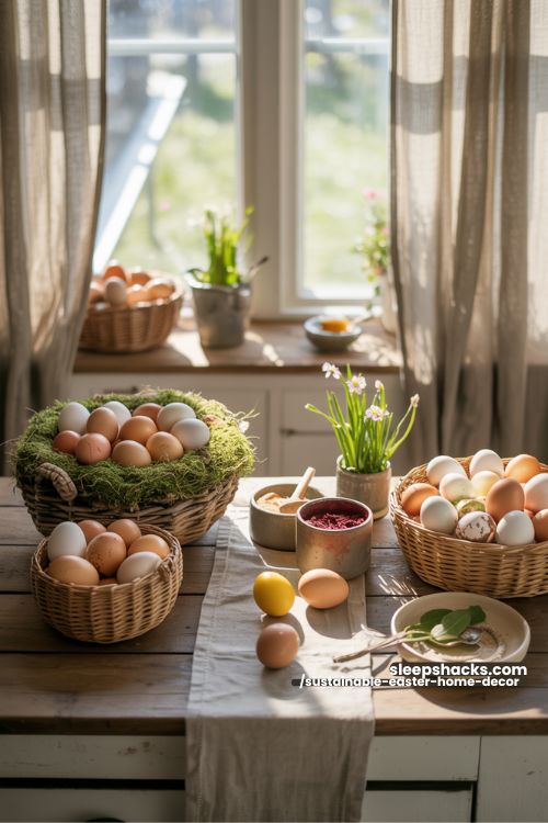 Natural Dye Easter Eggs in Moss Baskets for Sustainable Decor
