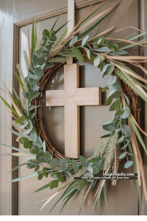 Neutral Boho Cross Easter Wreath Front Porch Decor
