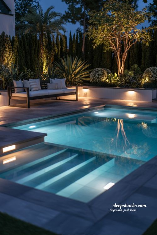 Nighttime Backyard Pool with LED Edge Lighting and Landscape Illumination