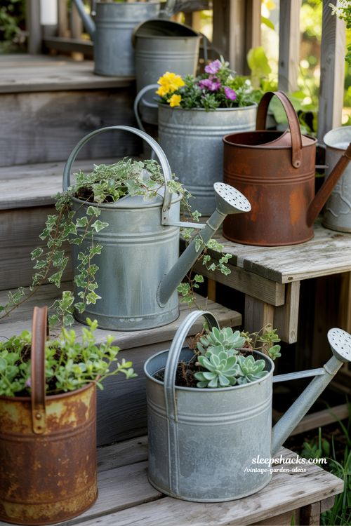 Old Watering Cans as Rustic Planters with Vintage Garden Charm