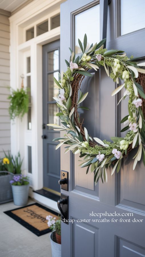 Olive and Greenery Cheap Easter Wreath on Front Door