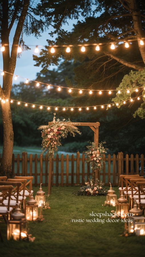 Outdoor Rustic Ceremony Ideas With String Lights