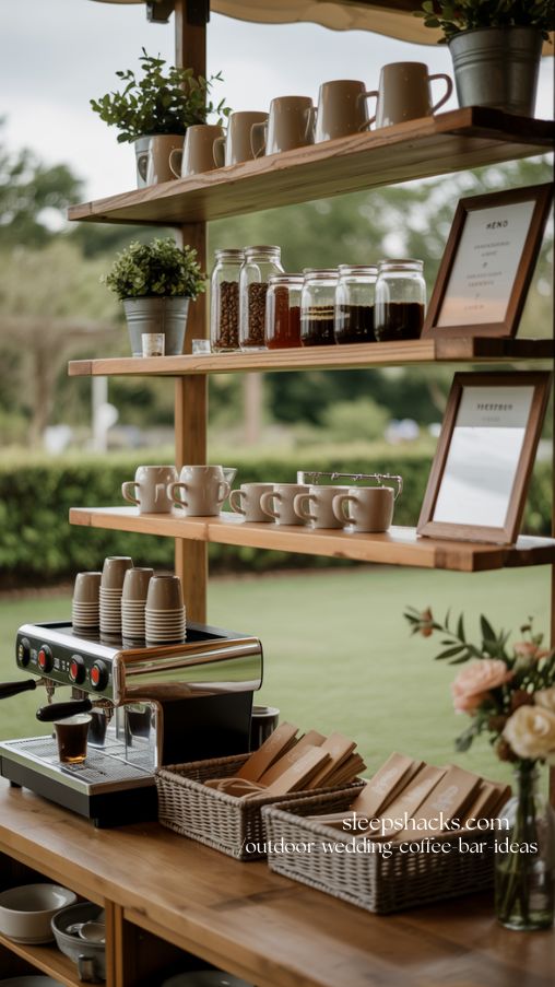 Outdoor Wedding Coffee Bar with Floating Shelves