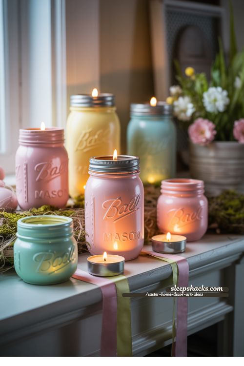 Painted Mason Jar Lanterns Easter Display