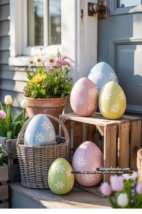 Painted Wooden Eggs for Rustic Cheap Easter Front Porch Decor