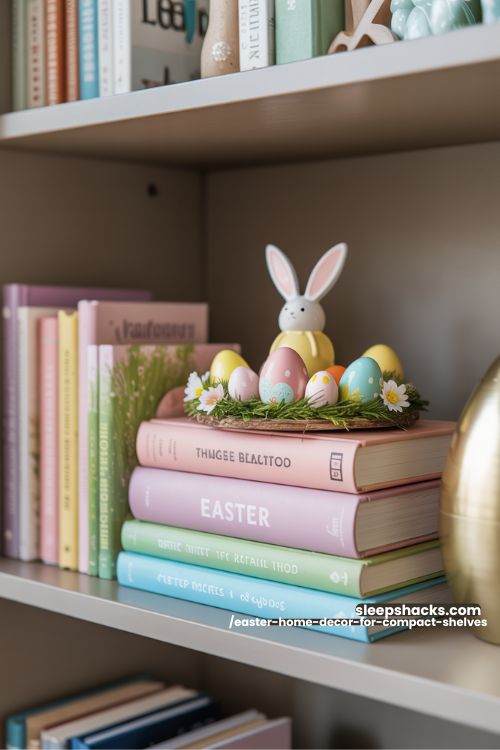 Pastel Book Stack with Easter Accents for Compact Shelves