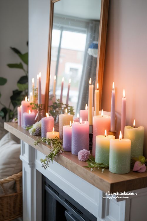 Pastel Candle Arrangement on the Mantel for Cozy Spring Vibes