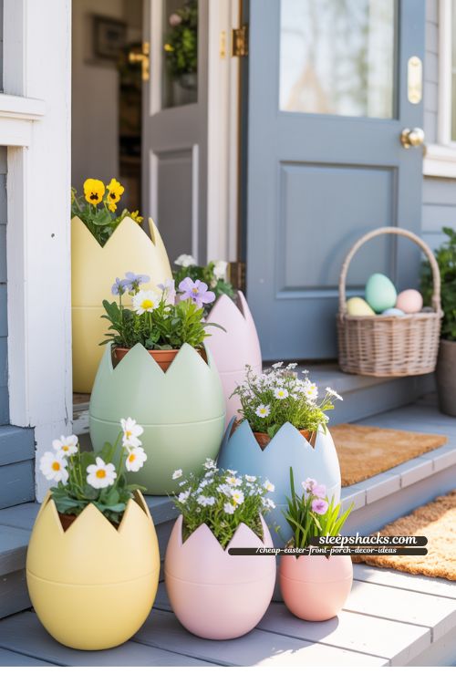 Pastel Egg Planters for Cheap Easter Front Porch Decor