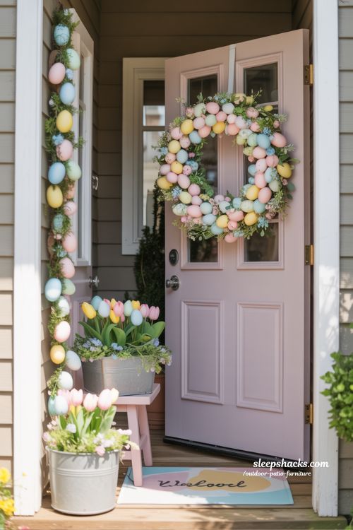 Pastel Egg Wreath Easter Front Porch Decor For Small Patio Spaces