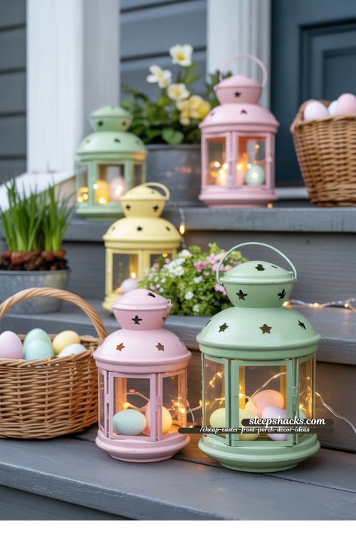 Pastel Lantern Display for Cheap Easter Front Porch Decor