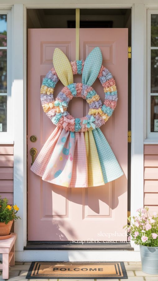 Pastel Patchwork Bunny Easter Wreath for Front Doors