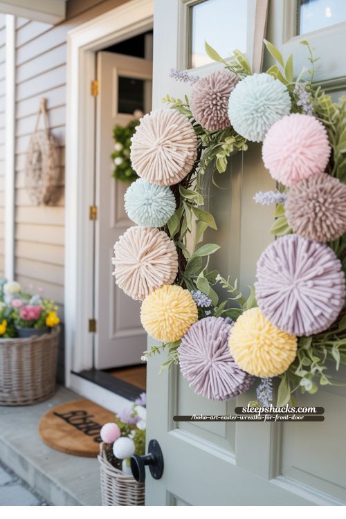 Pastel Pom-Pom Boho Easter Wreath Front Porch Decor
