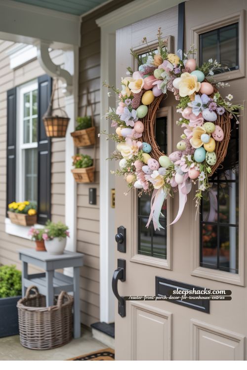 Pastel Wreath with Seasonal Accents for Townhouse Front Porch