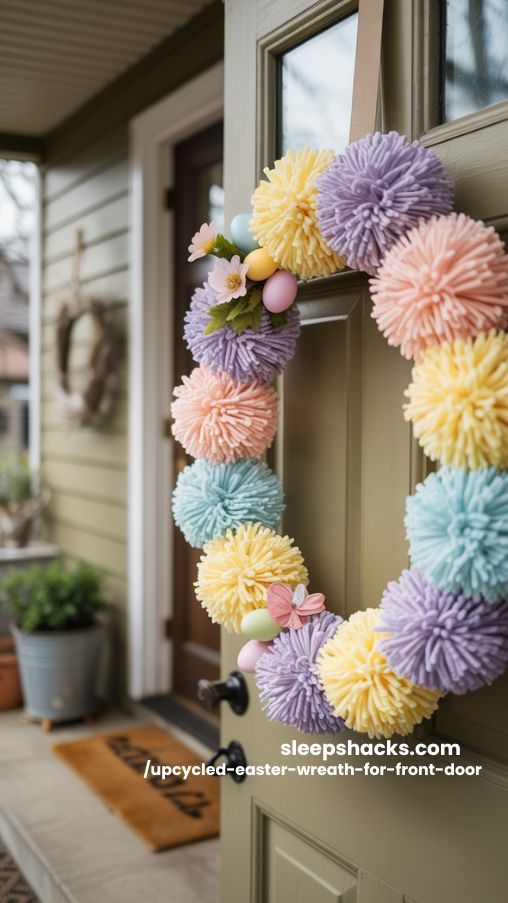 Pastel Yarn Pom-Pom Easter Wreath for Front Door