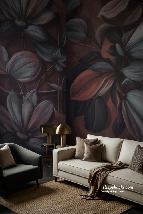 Pattern Play Bold Wallpapers in Small Moody Living Rooms