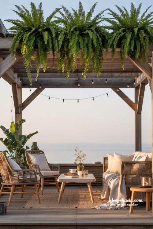 Pergola Lounge Back Patio Decorating Ideas with Hanging Ferns