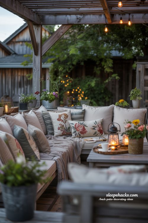 Pergola Lounge Back Patio Ideas with Florals and Textures