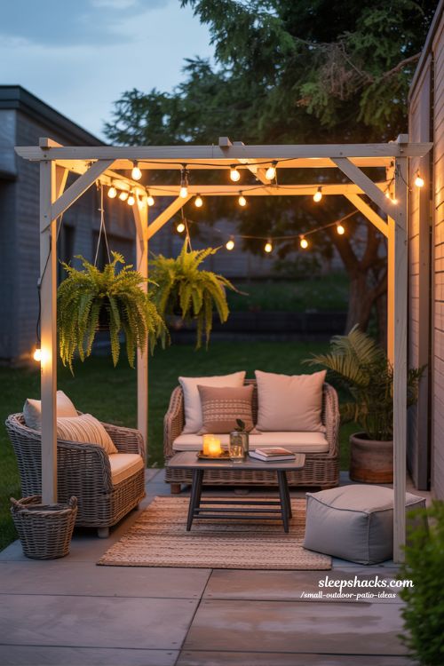 Pergola Lounge with String Lights Small Outdoor Patio Cozy Setup