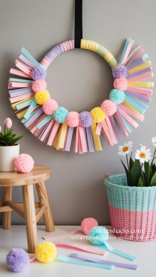 Pom-Pom and Fabric Scrap Easter Wreath for Kids