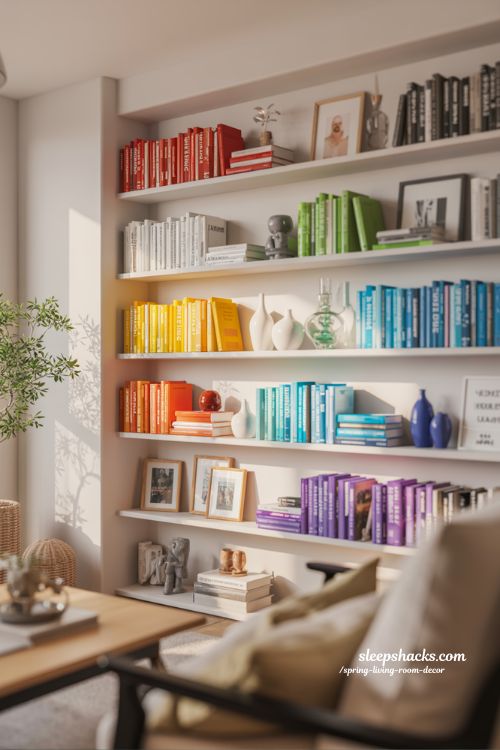 Rainbow Bookshelf Display with Colorful Books and Playful Accents